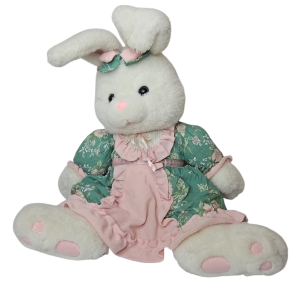 Vintage Easter Mrs Bunny Plush White Pink Bunny GreenCloth Easter Playful Rabbit